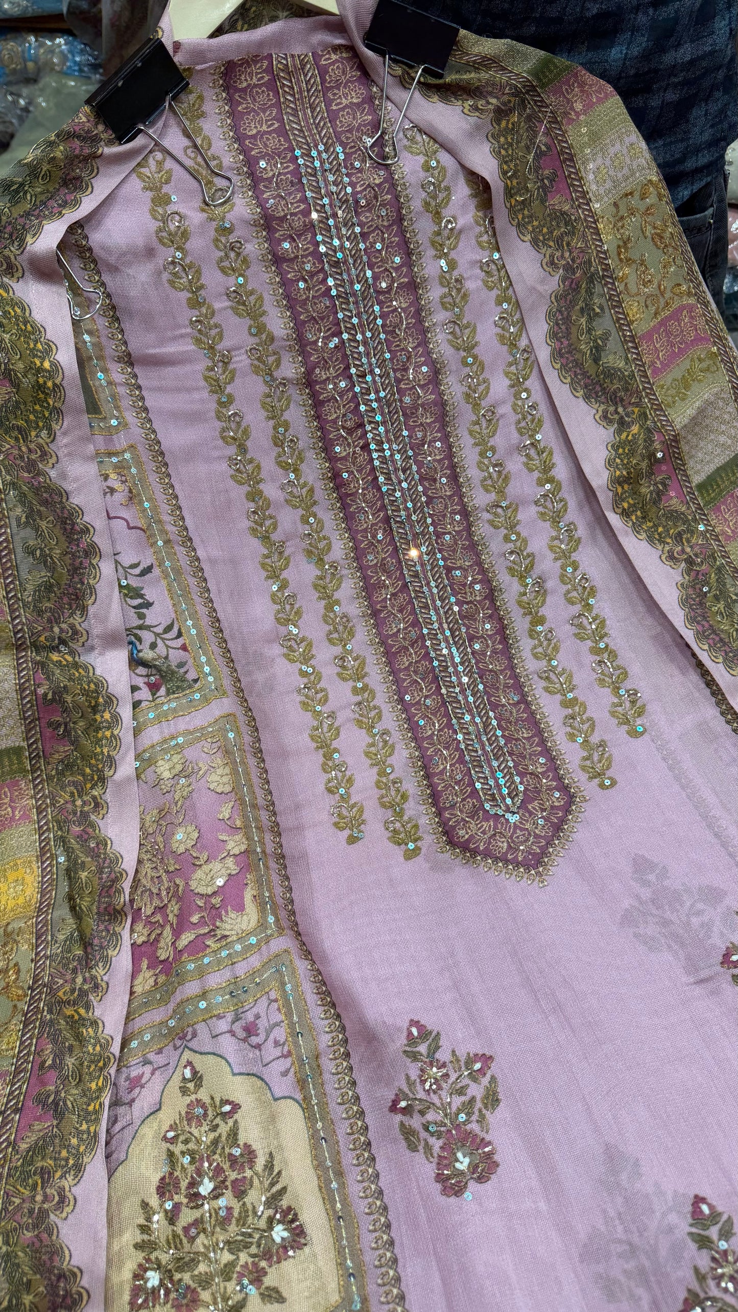 Luxury Unstitched Pure Burberry Tissue Suit | Designer Position Print with Heavy Zari & Sequence Hand Embroidery | Printed Dupatta & Cotton Silk Bottom Fabric | Festive Wedding Wear (US7236)