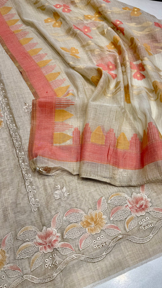 Unstitched Jaamdani Cotton Thread Work Suit with Jaamdani Weave Dupatta & Soft Silk Bottom