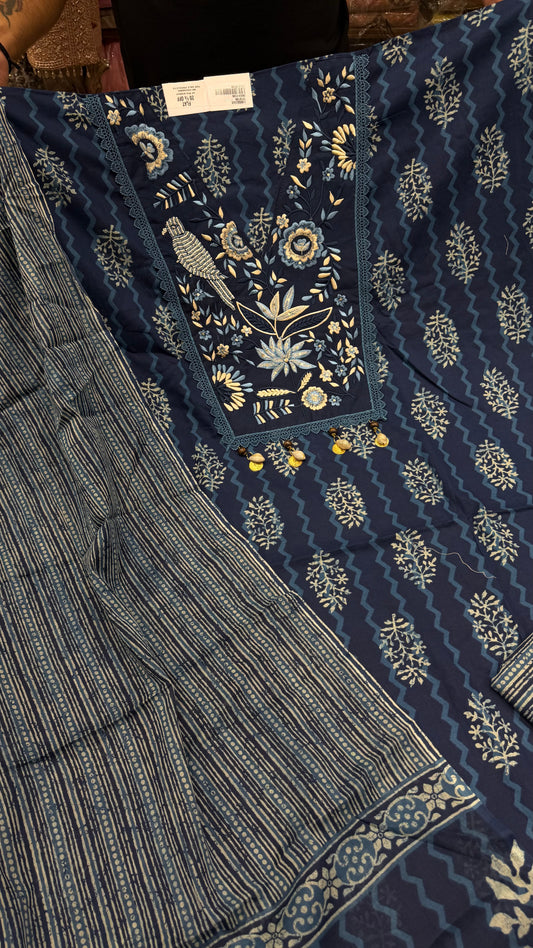 ✨ Indigo Bloom Cotton Unstitched Suit Set