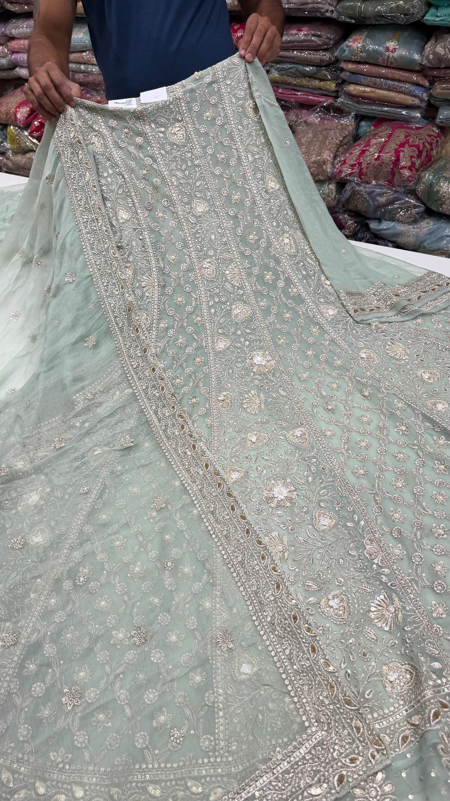 Luxury Unstitched Pure Georgette Zari Lakhnavi Anarkali Suit with Resham, Sequin & Pearl Handwork | Designer Wedding & Party Wear Suit