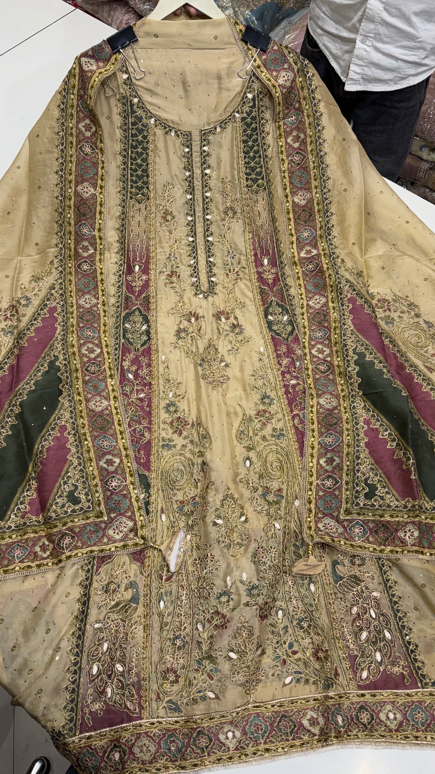 Sabyasachi Inspired Unstitched Pure Russian Silk Sabyasachi-Inspired Embroidered Suit with Heavy Crepe Bottom