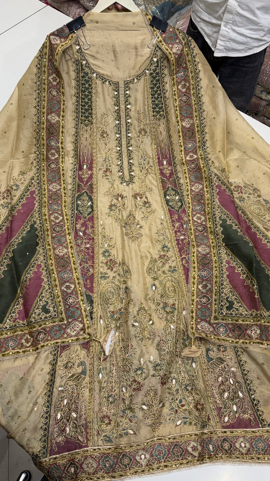 Sabyasachi Inspired Unstitched Pure Russian Silk Sabyasachi-Inspired Embroidered Suit with Heavy Crepe Bottom