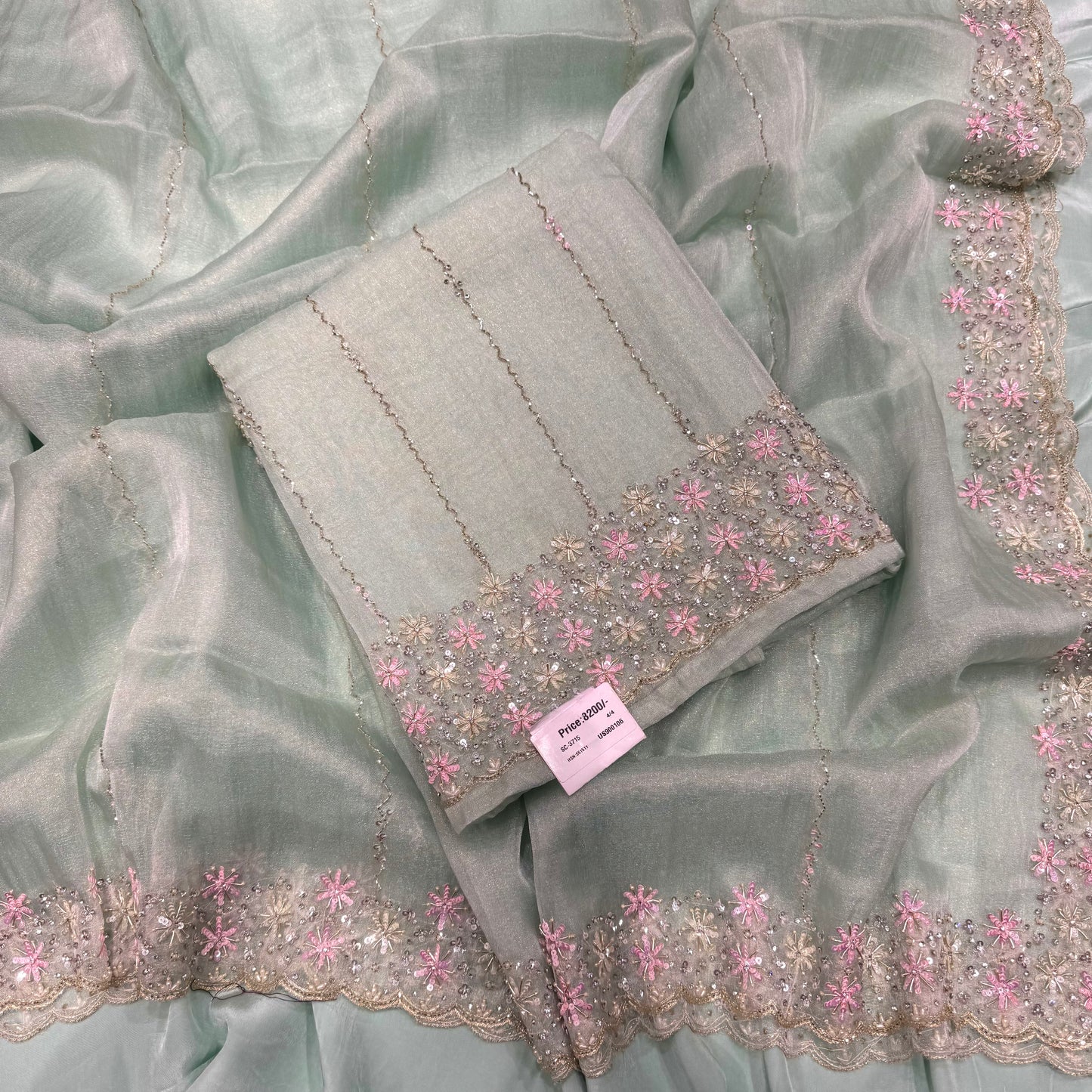 Light Green Handembroided four side border dupatta suit set