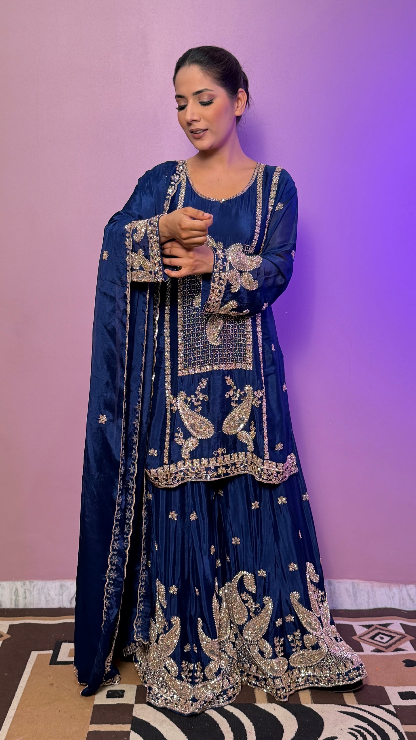 Designer Chinon Crepe Sharara Suit with Hand Nakashi Work