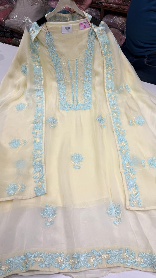 Luxury Pure Organza Unstitched Suit with Hand Embroidered Neck, Ghera & Dupatta Border | Includes Pure Crepe 2.5m Bottom