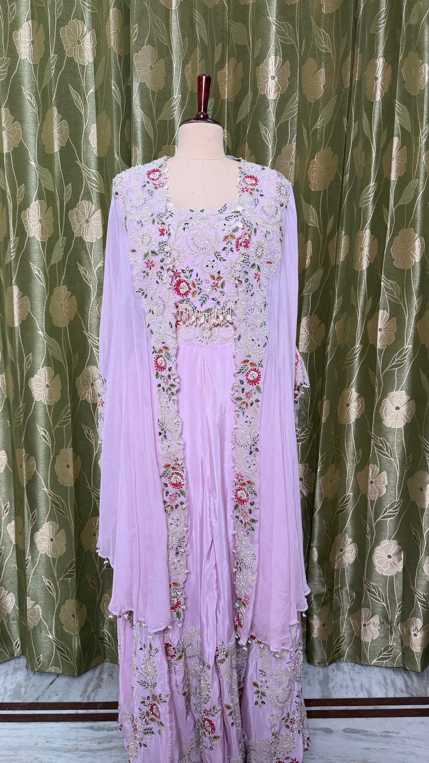 Soft Lilac Indo-Western 3-Piece Ensemble with Hand-Embroidered Blouse, Pure Crepe Sharara & Organza Kaftan Shrug