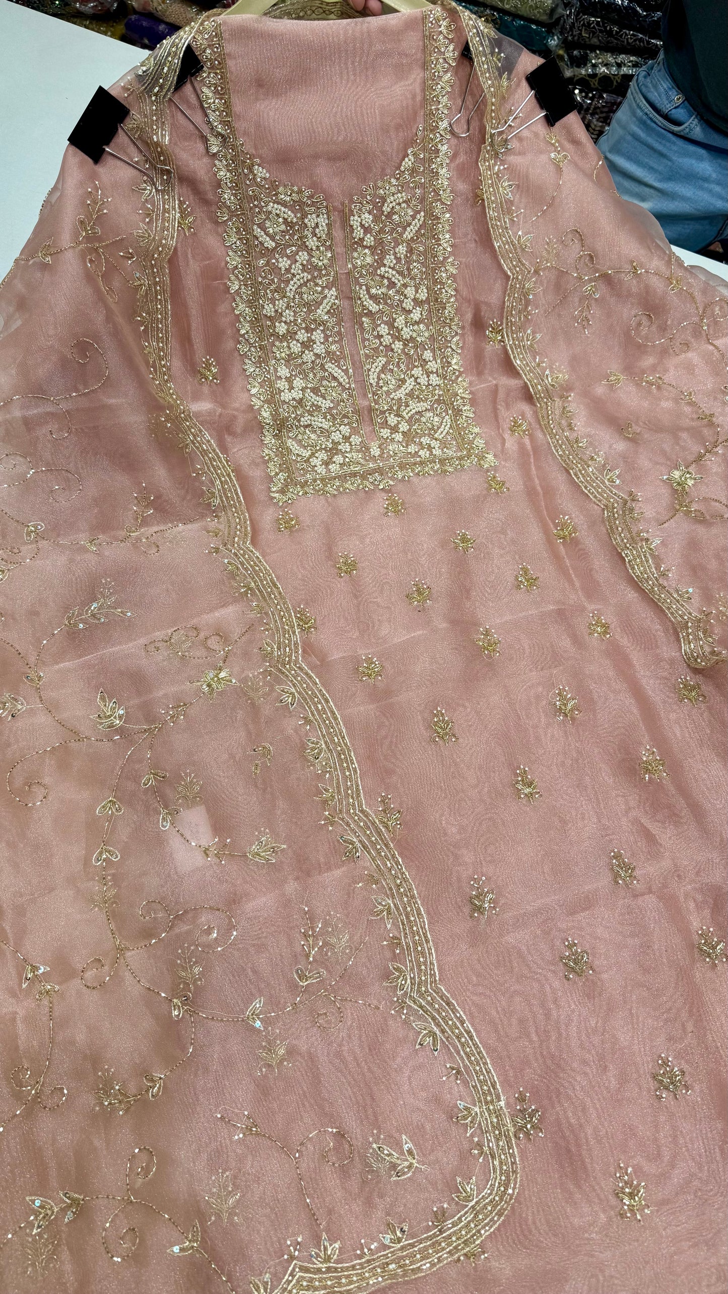Glass Organza Unstitched Suit with Heavy Zardozi Hand Embroidery