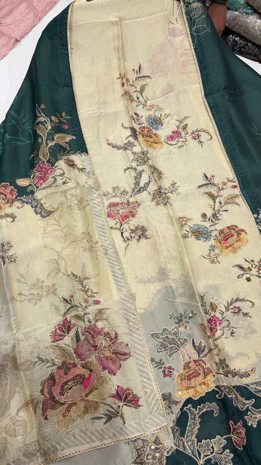 Sabyasachi Inspired orgenza Silk Digital Print & Hand Embroidered Suit Set