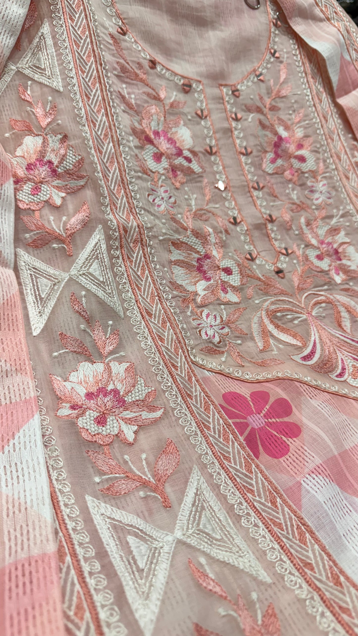 Luxury Pure South Cotton Unstitched Suit with Thread & Mirror Embroidery | Designer Cotton Dress Material with Mul Mul Dupatta