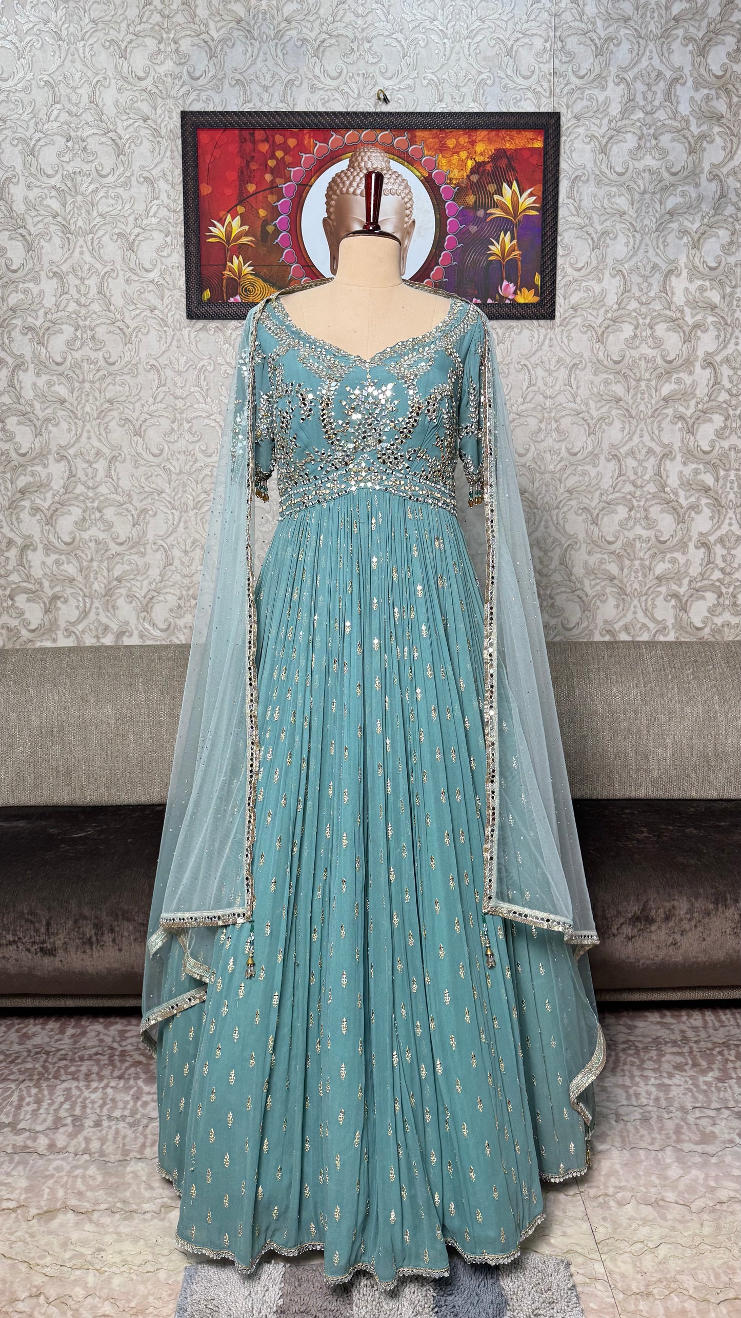 Designer Readymade Pure Georgette Floor-Length Anarkali with Net Dupatta (Free Size up to 44 Bust)