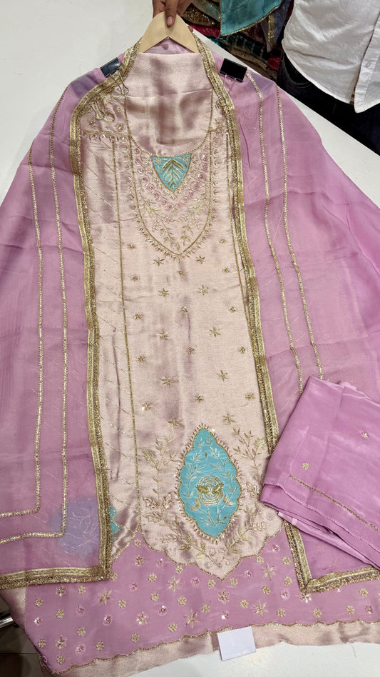 Designer Pure Shimmer Silk Unstitched Suit with Zardozi Handwork & Organza Dupatta