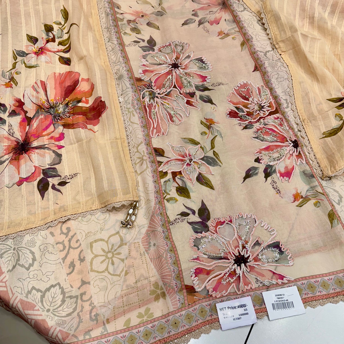 Trendy Pure Mul Mul Cotton Hand-Embroidered Suit with Digital Printed Dupatta & Cotton Bottom
