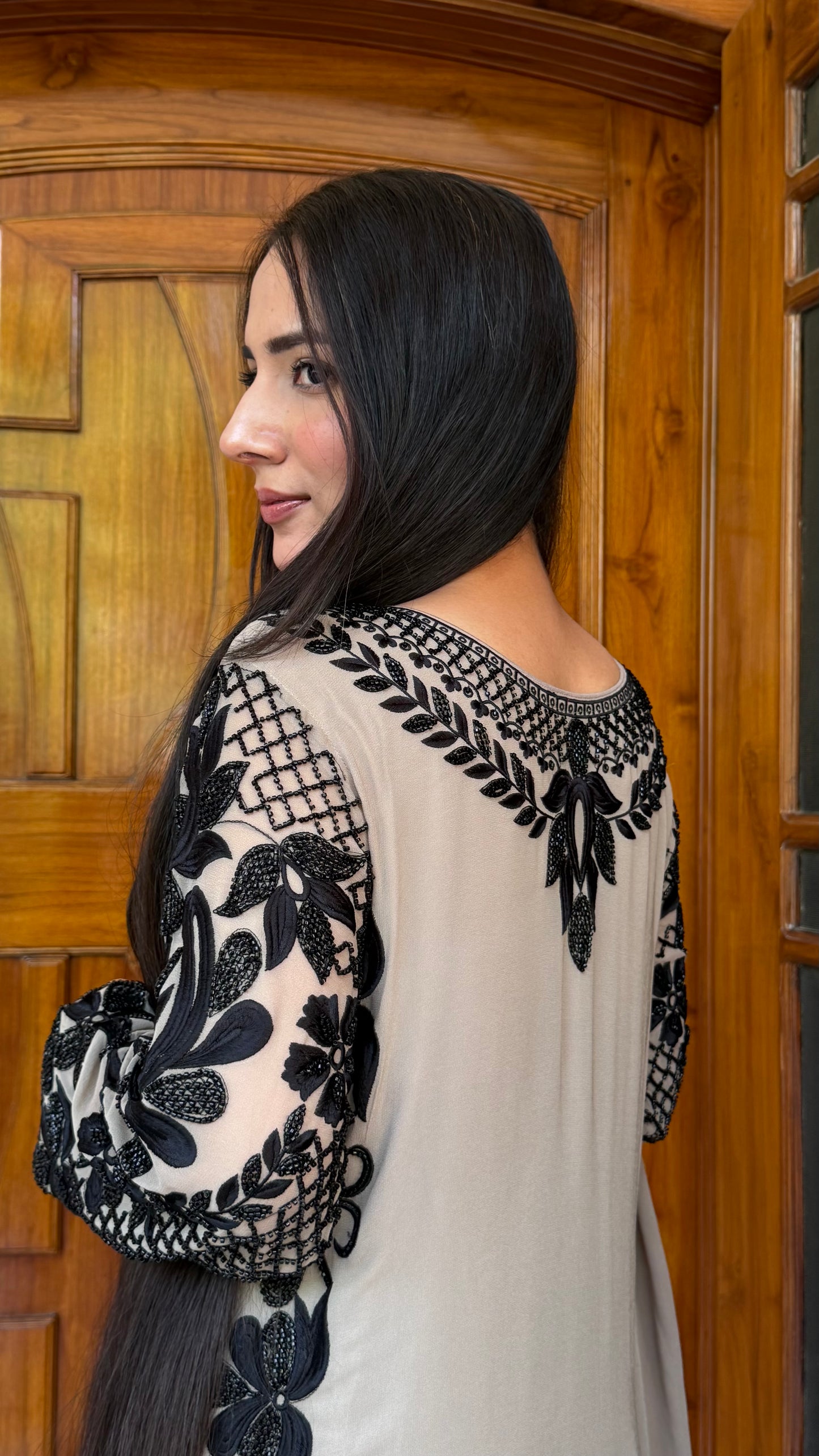 Long Pakistani Georgette Pants Suit with Hand Beads Work