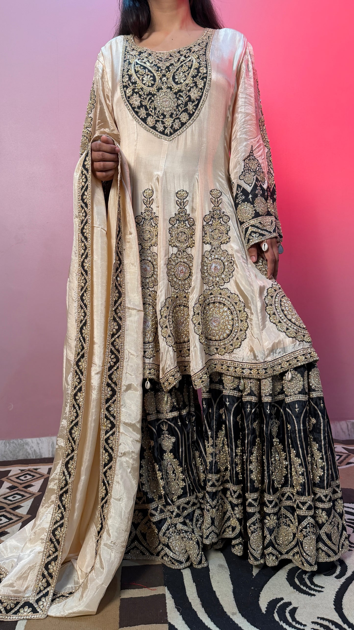 Ivory & Black Pure Crepe Silk Anarkali Gharara Suit with Heavy Embroidery