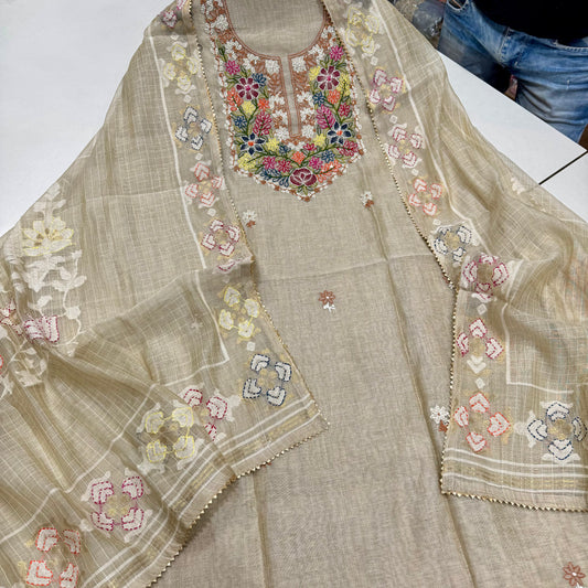Ivory Gold Mal Chanderi Cotton Suit Set – Multicolor Hand Embroidered Neck & Dupatta with Pure Cotton Bottom