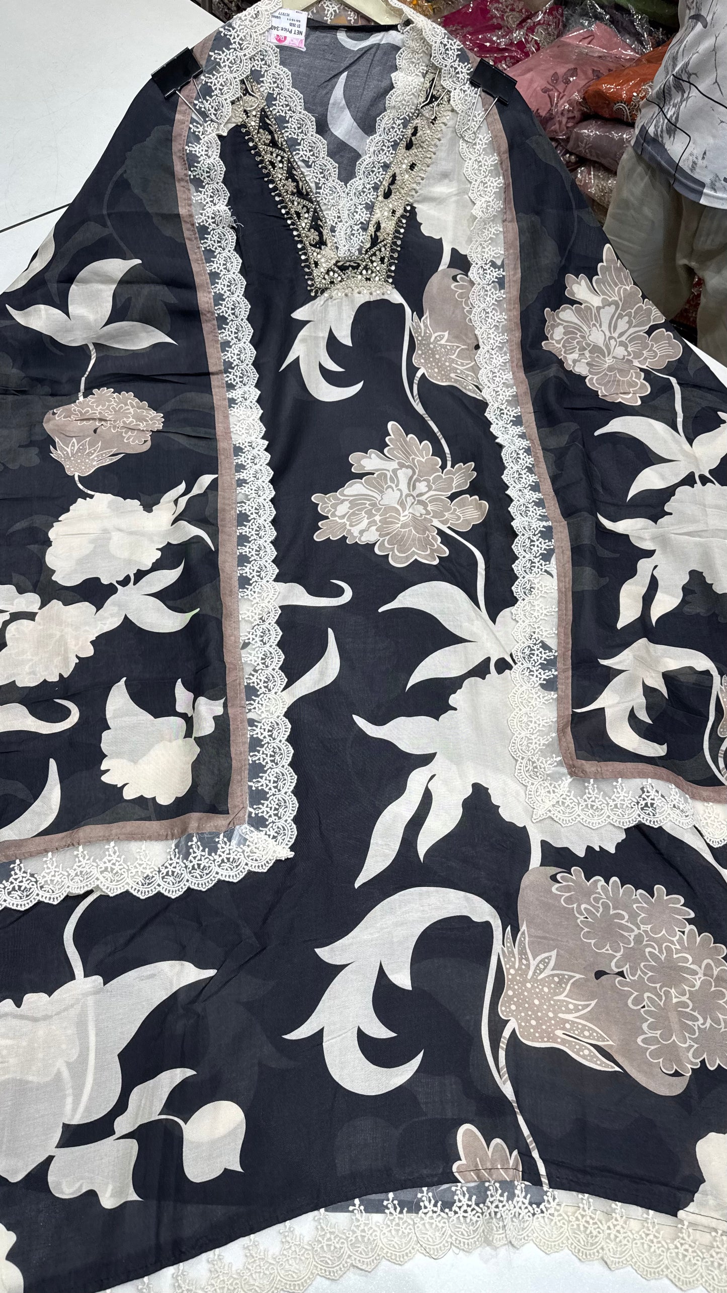 Designer Pure Muslin Digital Print Unstitched Suit with Hand Embroidery & Lace Detailing