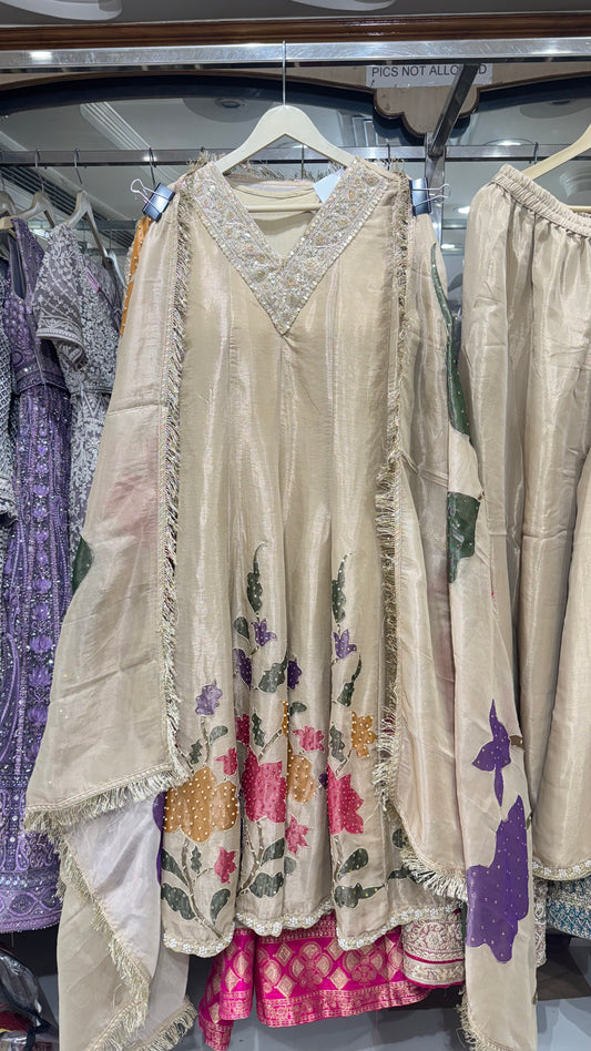 Elegant Tissue Anarkali with Embroidered Floral Detailing & Matching Sharara – Beige & Multicolor Accents