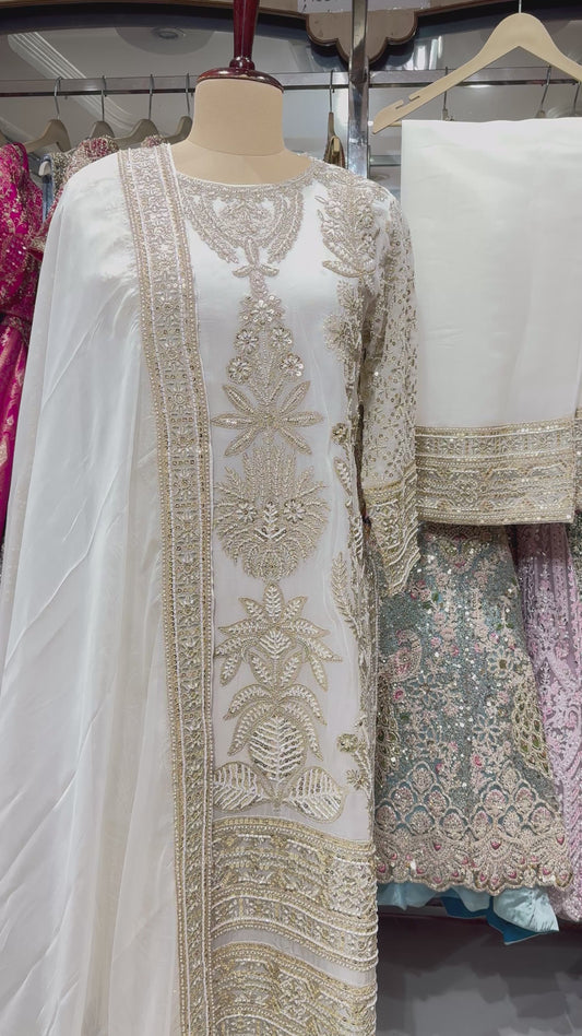 Luxury Readymade Hand Embroidered Organza Pakistani Style Long Suit Set with Embroidered Pants
